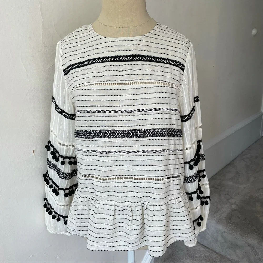 Zara Pom Pom Puff Sleeve Cotton Peasant Blouse